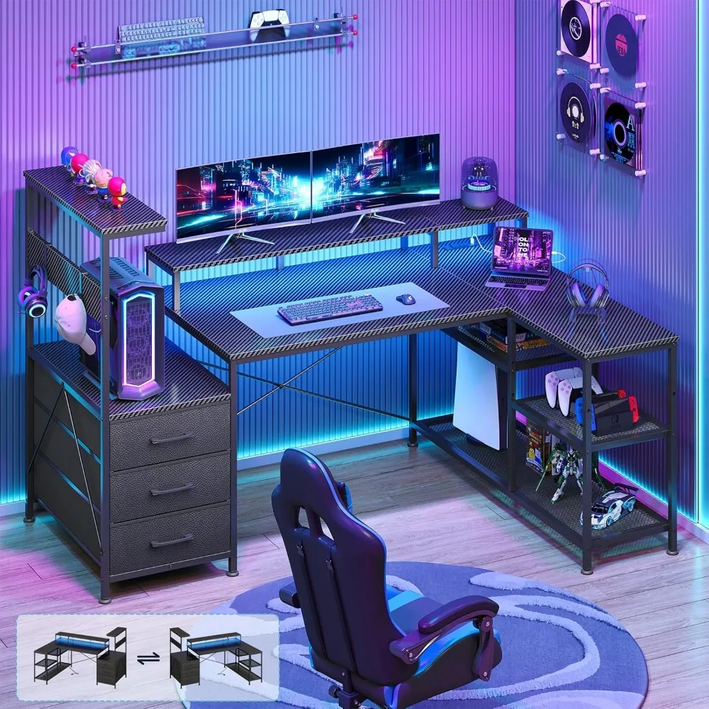 Corner Gaming Desk: Versatile L-Shaped Design with Storage, Power Outlets, and LED Lighting