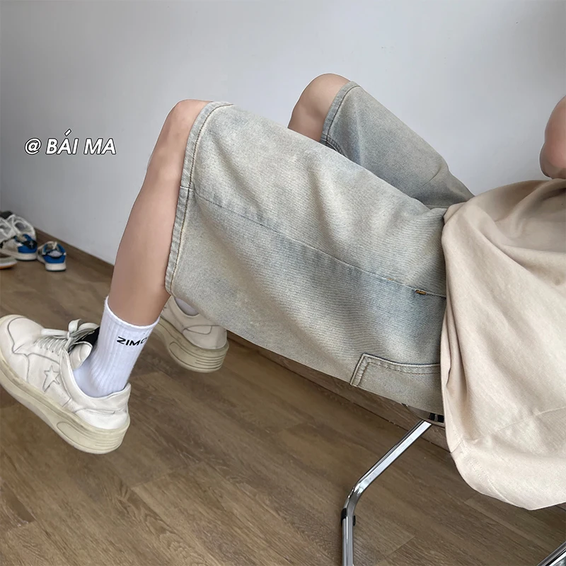 

Мужские винтажные джинсовые шорты Waed в американском стиле High Street, прямые, с высокой талией, летние, длиной до колена