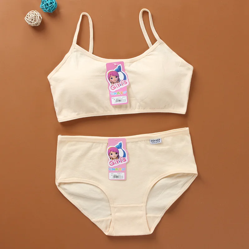 Teenage Girls Solid Color Bra And Panties Set Underwear Training Vest Sports Bra Boxer Kids Lingerie for Students