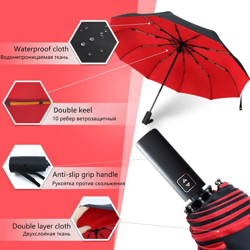 Red Leaf Double Ten Bone Double Layer Umbrella, Large Folding, Fully Automatic, Rain Women, Luxury, Business Umbrellas, 10K