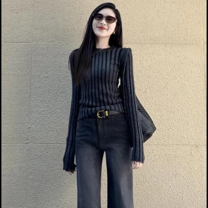 Korean Style Women Vertical Stripe Knit Sweater Slim Long Sleeve Round Neck Warm Base Top S-3XL