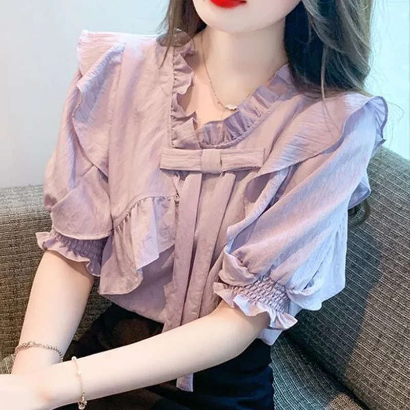 Fashionable Lotus Leaf Collar Bubble Sleeve Chiffon Shirt for Women\'s Summer 2024 New French Temperament Elegant Small Shirt Top