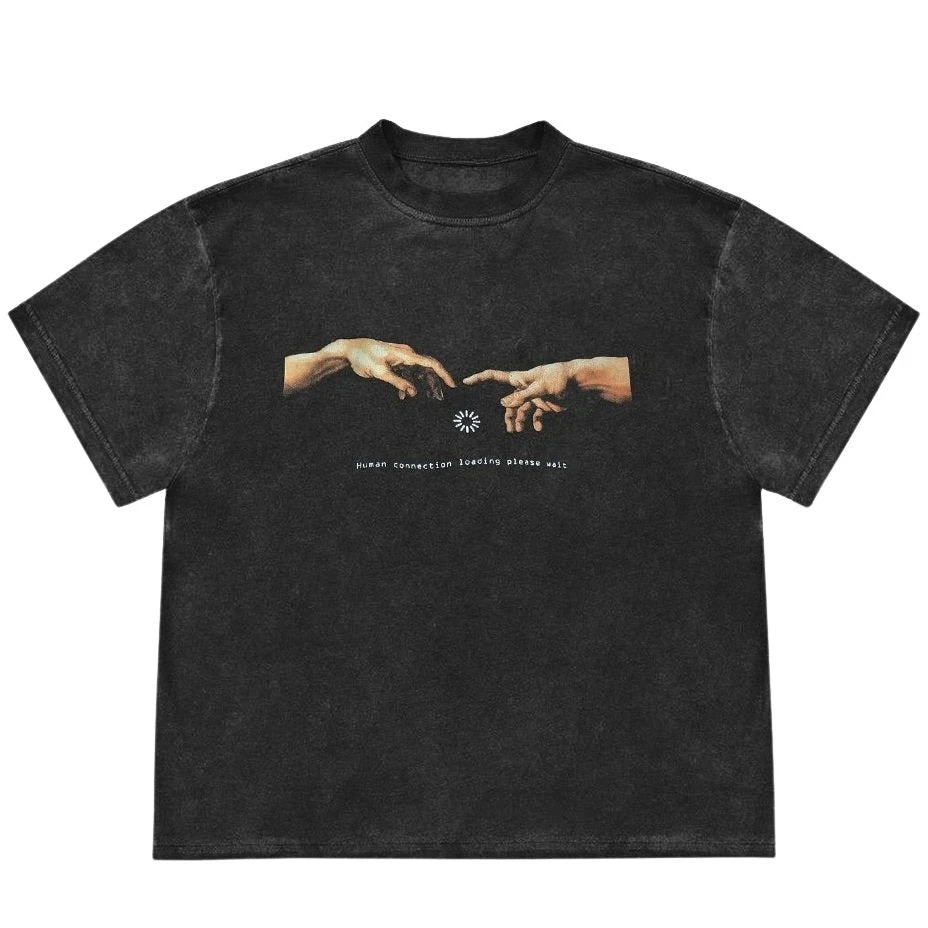 Human Connection Loading Graphic Washed Y2K Cotton Men T-shirt Punk Men Clothes Fashion Short Sleeve Top Grunge Gothic EMO