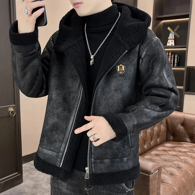

2025 Autumn/Winter New Men's Hooded Fur Integrated Imitation Suede Cotton Jacket with Thick Velvet for Warmth