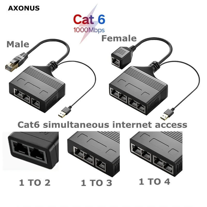 Lan CAT 6 RJ45 Male Female 1 to 2 1 to 3 1 to 4 Splitter 1000M Simultaneous Internet Access With USB Power Supply