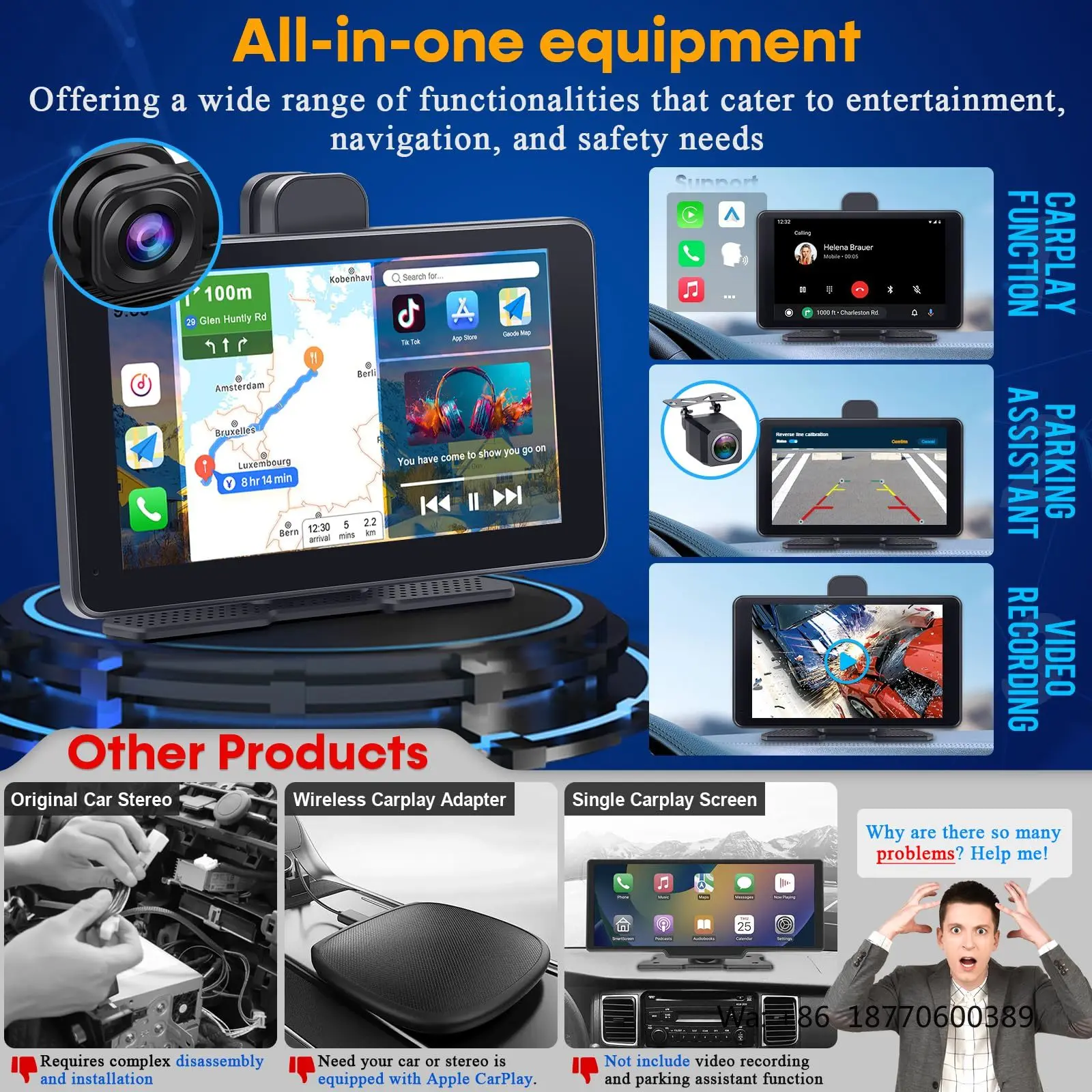 

7 Inch Wireless Car Play with Backup Camera Car Screen Carplay : Bluetooth GPS Navigation 2.5K Dash Cam Car Audio Receivers