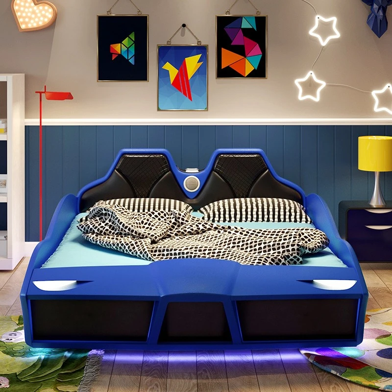 Children Bed, Car Shaped Bed with Guardrails, Bluetooth Speaker, Soft Padded, Real Leather, Solid Wood, Bedroom Single Bed