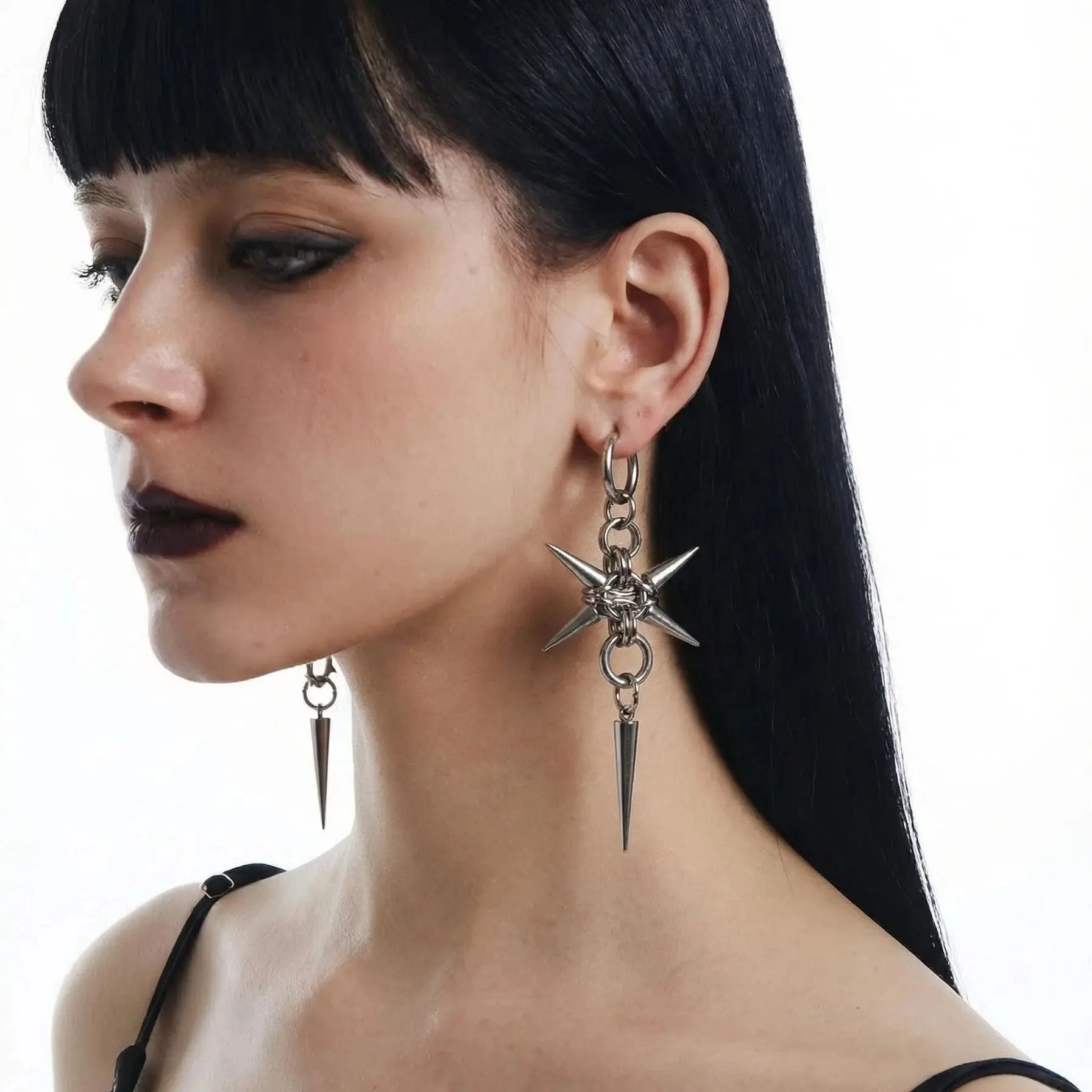 Gotische Edelstahl-Creolen mit Spikes, lange baumelnde Ohrringe, handgefertigt, Punk Y2K, Kettenhemd-Nieten-Tropfenohrringe, Rock-Schmuck