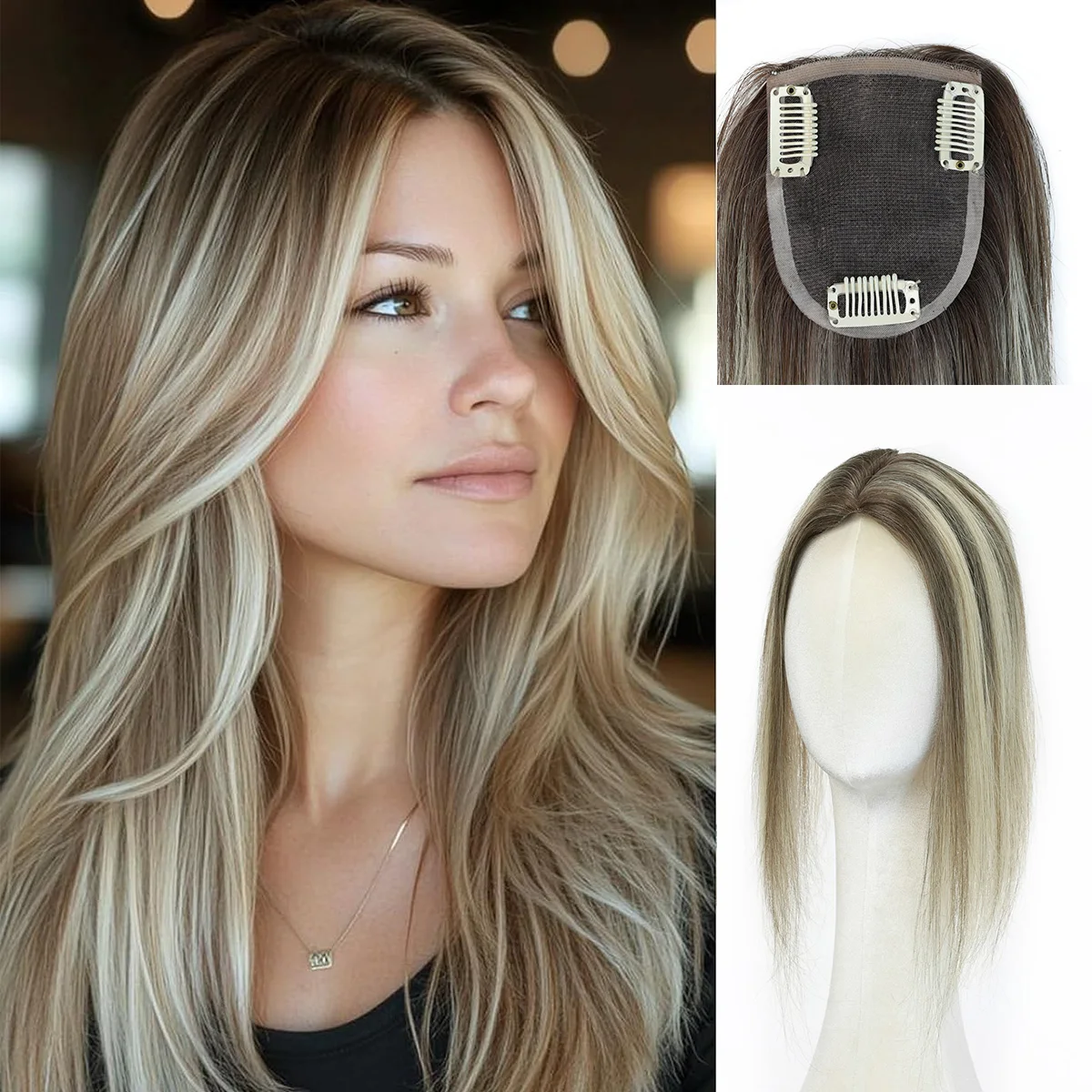 Brown Blonde Highlights Straight Human Hair Topper for Women 14 Inches Straight  Hair Topper for Thinning Hair MONO Lace Base