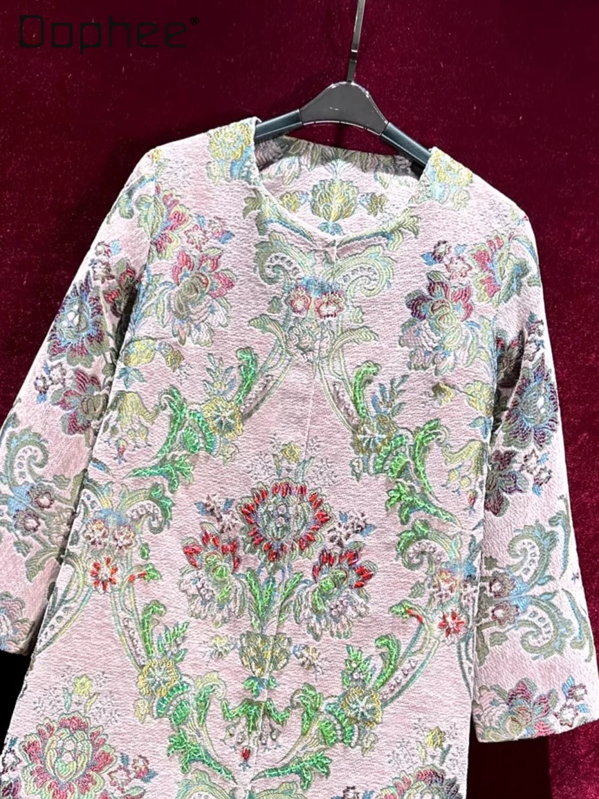 

Vintage Jacquard Heavy Beading Floral Embroidery Mid-Length Coat Women High-End Fashion Round Neck Loose Trench Coat Autumn New