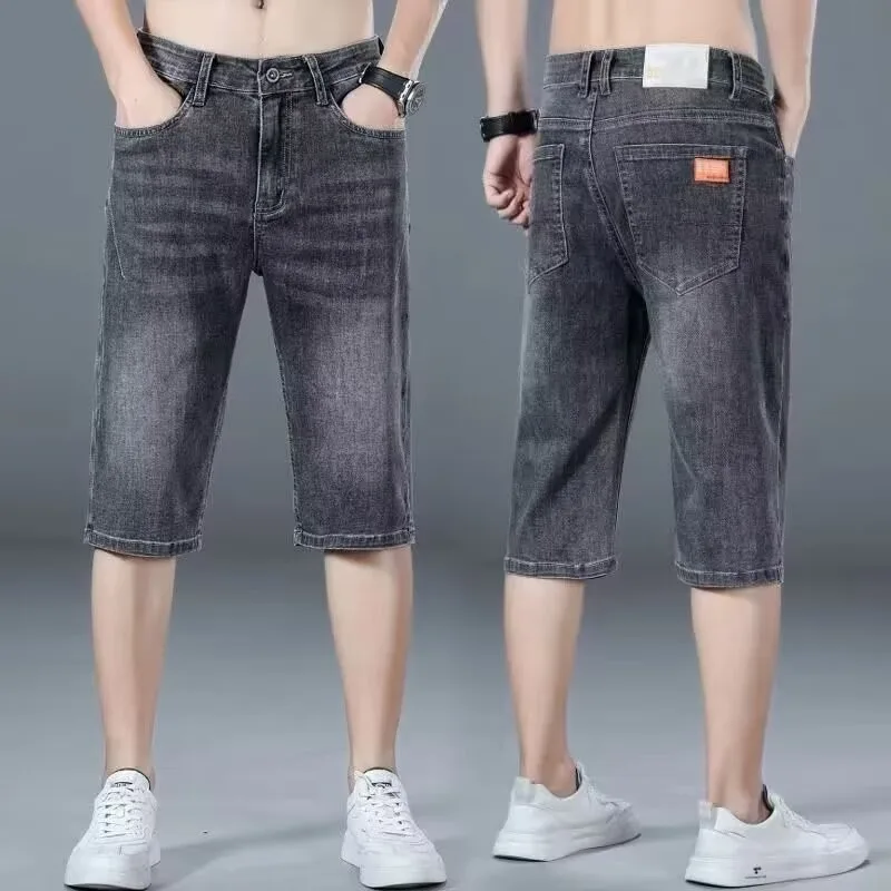 

Summer Men's Elastic Denim Shorts Soft Cropped Breathableloose Slim Straight Leg Jeans Shorts