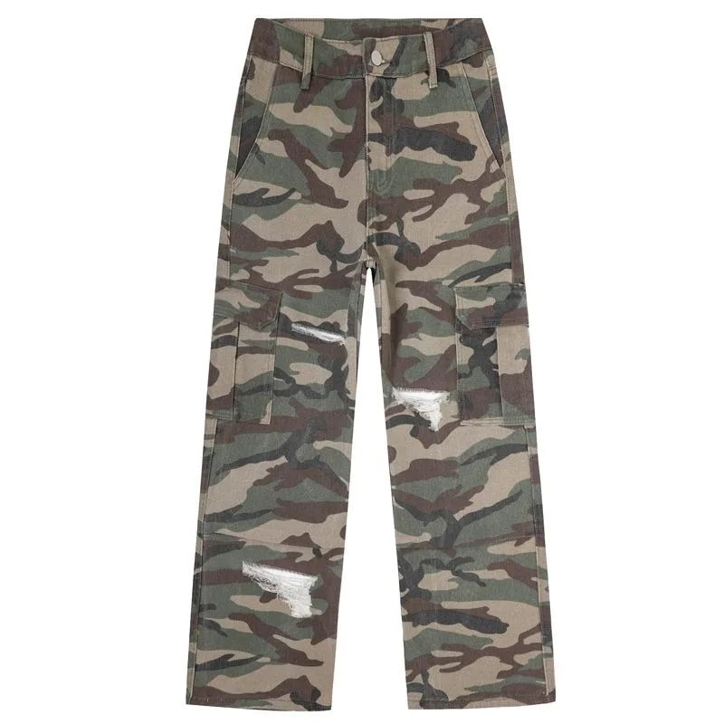 

Винтажные камуфляжные мужские джинсовые брюки-карго с большими карманами, широкие мужские джинсы, американские прямые мешковатые мужские свободные широкие брюки Y2k