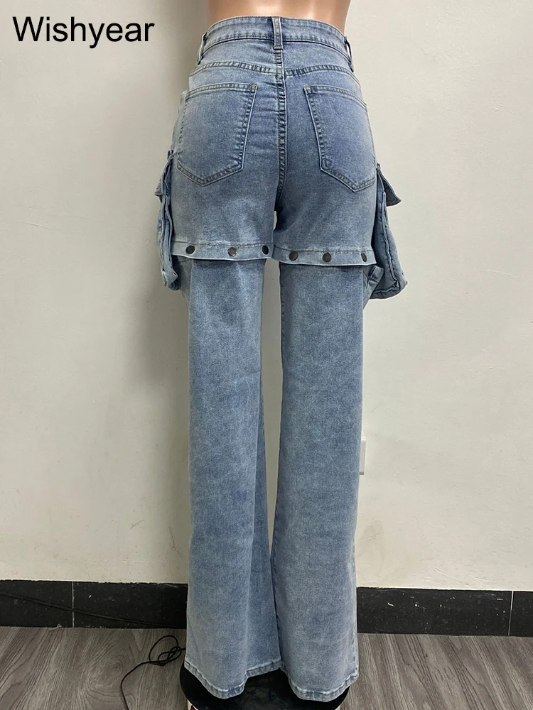 Women Fashion Designer Button Fly High Waist 3D Pockets Jeans Casual Straight Trousers Detachable As Shorts Denim Cargo Pants