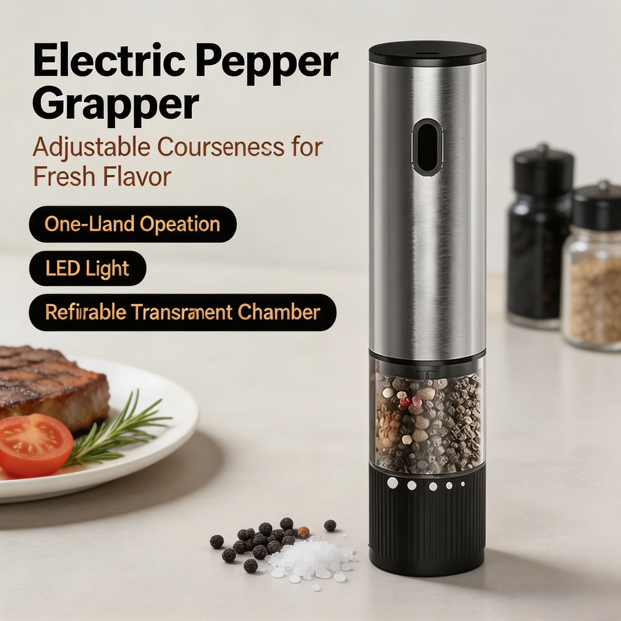 Rechargeable Salt and Pepper Grinder, Adjustable Coarseness, Stainless Steel Body with Rechargeable Battery