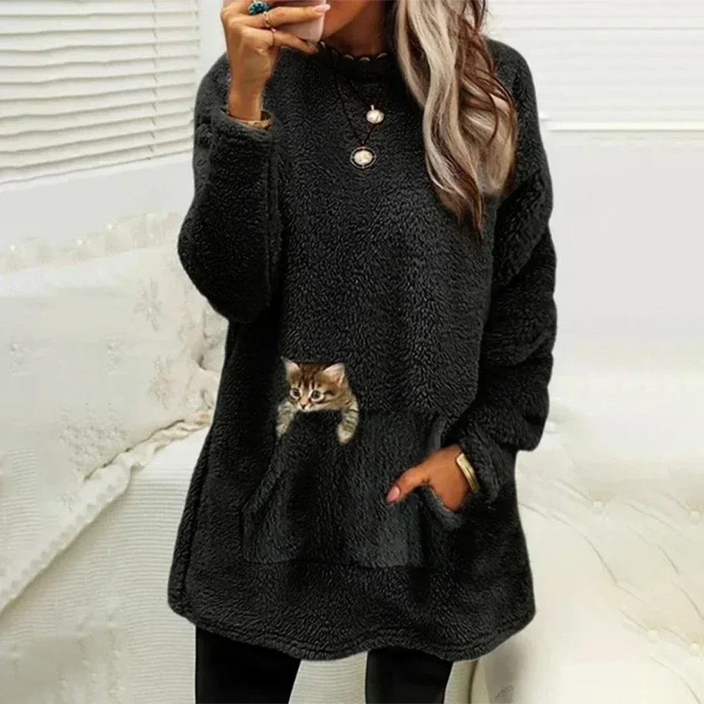 Ladies Autumn Pullover Pocket Cat Printed Sweatshirt Fleece Lined Women Solid Casual Holiday Fashion Home Loose Tops Hoodies