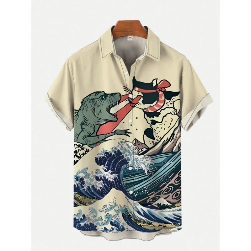 Cool Machinery Graphic Beach Shirt For Men Cat Dinosaur 3D Printed Hawaiian Shirts Summer Vacation Loose Short Sleeve Blouse