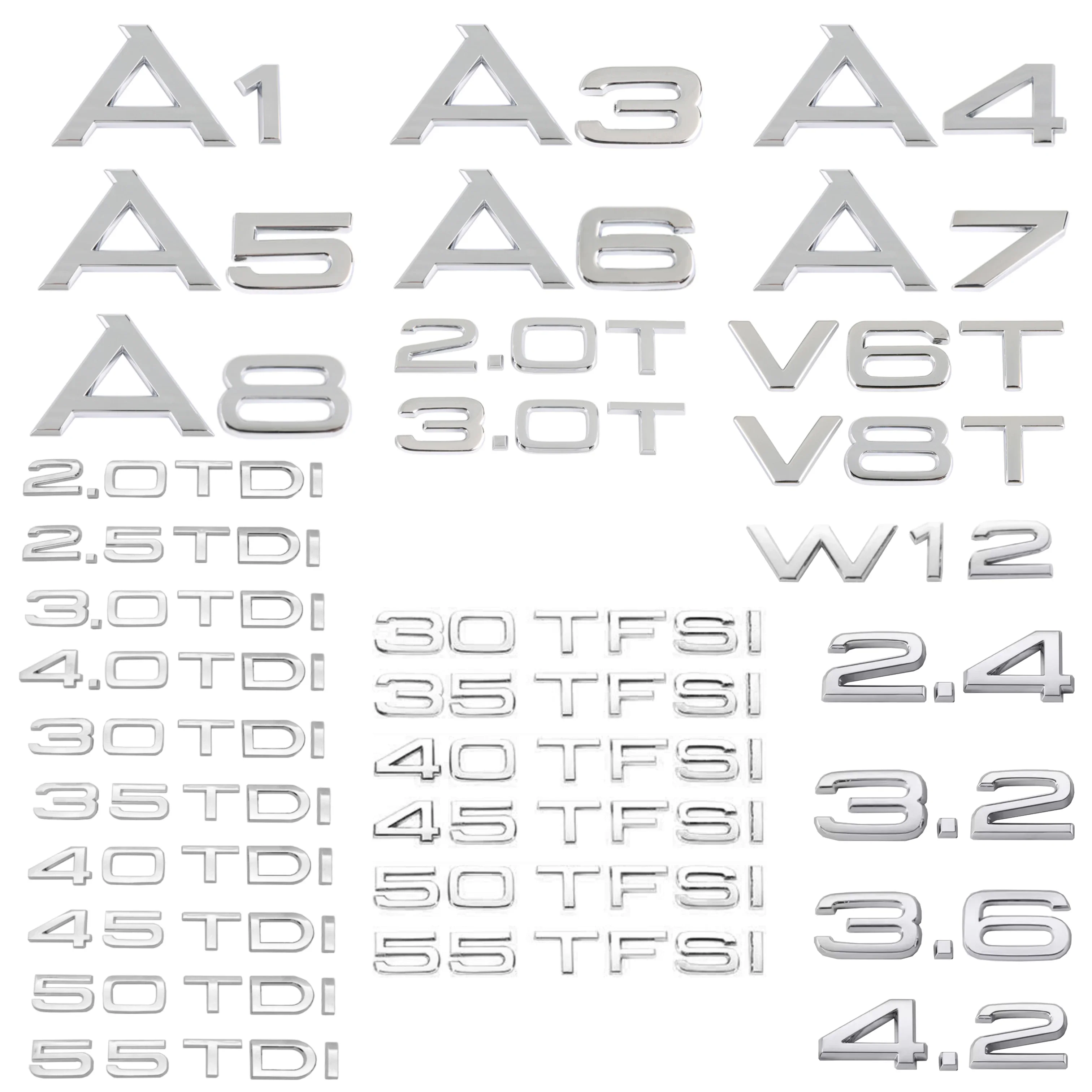 Car Trunk Sticker 3D ABS Chrome Silver 2.0 2.5 3.0 4.0 5.0 TDI 30 35 40 45 50 55 TFSI V8T W12 For A1 A3 A4 A5 A6 A7 A8 Q5 Q7 TT