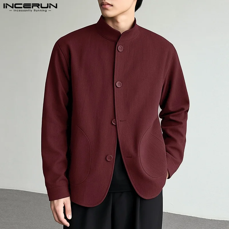 INCERUN Blazer Pria Warna Solid Kerah Tegak Lengan Panjang Vintage Jas Pria Streetwear Longgar 2025 Retro Kasual Mantel Tipis S-5XL