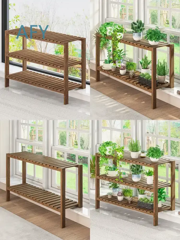Wide Windowsill Flower Rack for Balcony Succulent Shelf Solid Wood Multi Layer Plant Stand with Adjustable High Low Feet for