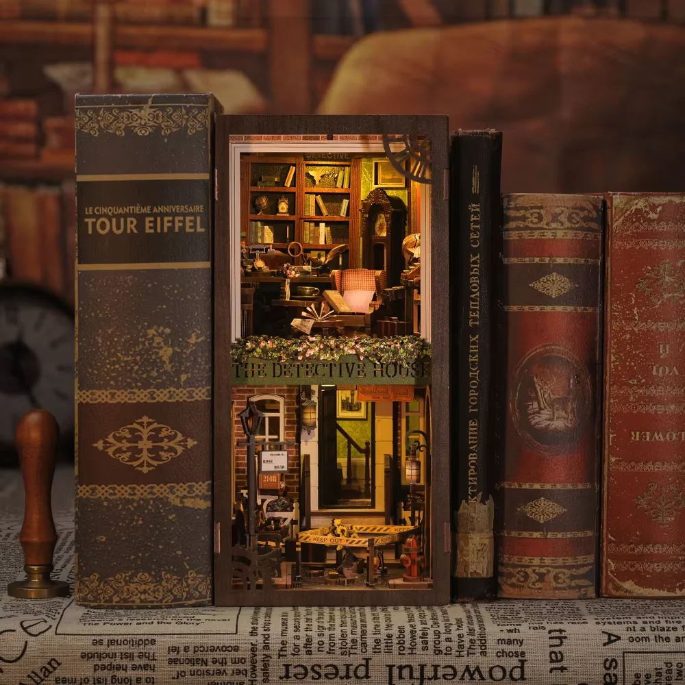 CUTEBEE Book Nook Miniature Doll House Kit Bookshelf Insert With Touch Light Dust Cover DIY Booknook Gifts Rose Detective Agency