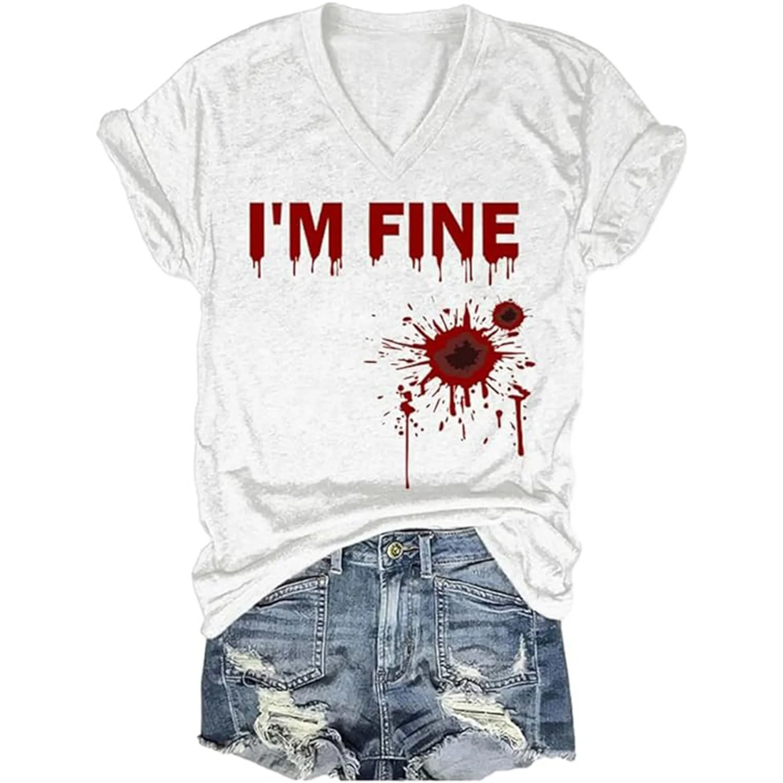 Camiseta de manga corta con cuello en V para hombre y mujer, camisa de manga corta con estampado "I'm Fine Bloody" para fiesta de Halloween