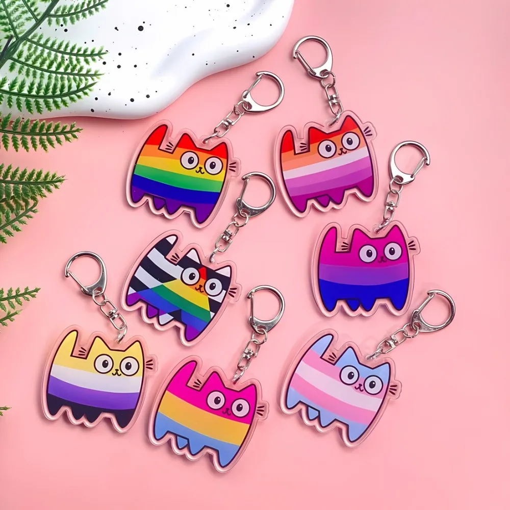 ✨ قوس قزح الكرتون القط المفاتيح ✨   سحر أكريليك ملون للأطفال البنات، إكسسوارات حقيبة مدرسية هدية كاواي لطيفة بتصميم أصلي