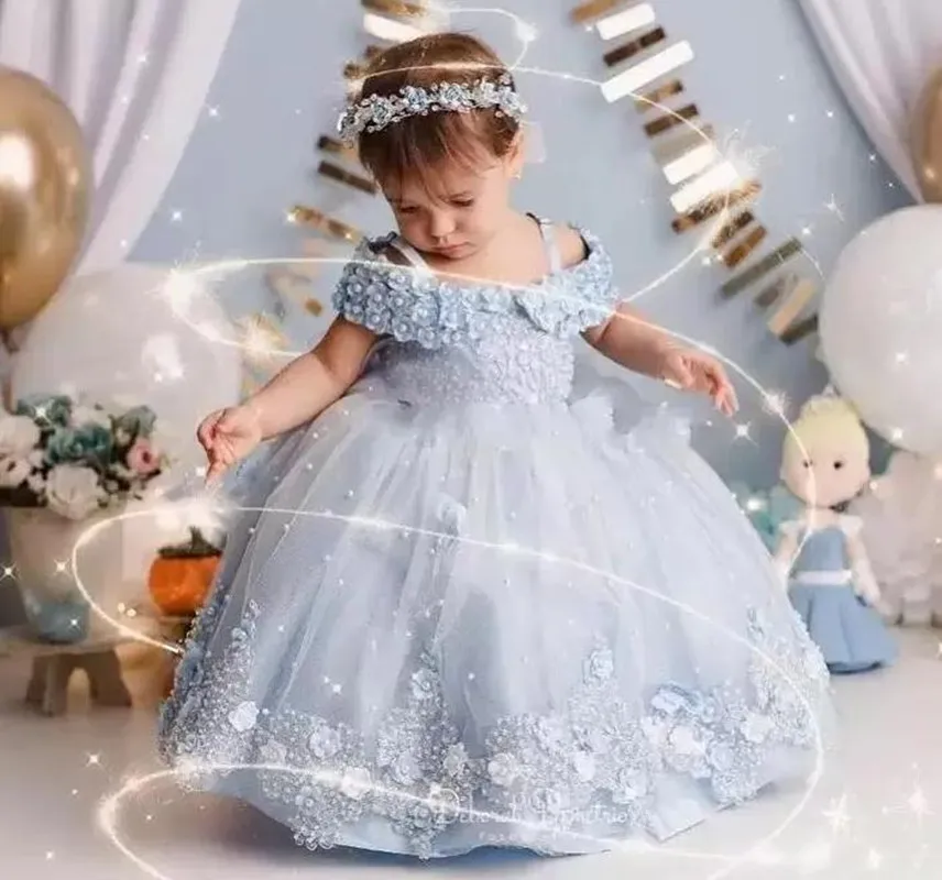 Blue Baby Girl Dress Tulle Flower Pearl Butterfly Girl Dress Off Shoulder For Wedding Birthday Party First Communion Gowns