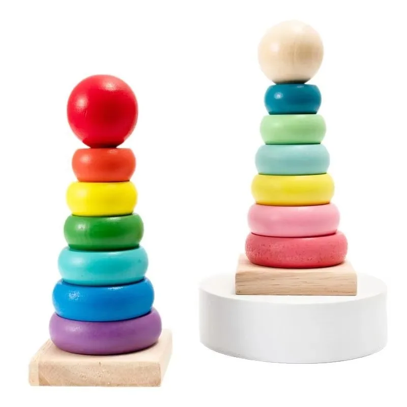 Children's Stacking Toys Eco-Friendly Puzzle Wooden Rainbow Stacking Tower Wooden Toys