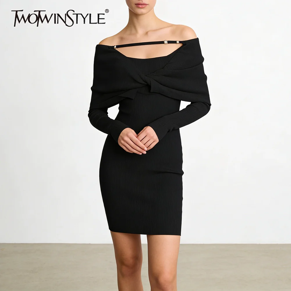 TWOTWINSTYLE Temperament Slimming Spliced Folds Dress for Women Slash Neck Long Sleeves High Waist Elegant Dresses Female New