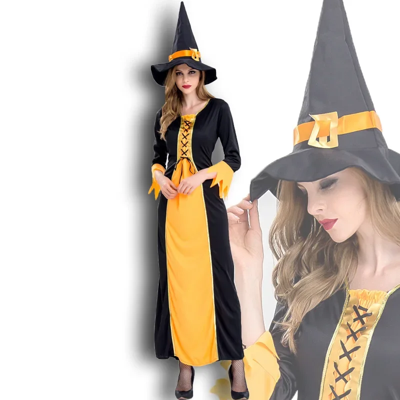 

Adult Black Orange Gothic Witch Sorceress Cosplay Costume for Women Fantasia Halloween Carnival Mardi Gras Party Dress