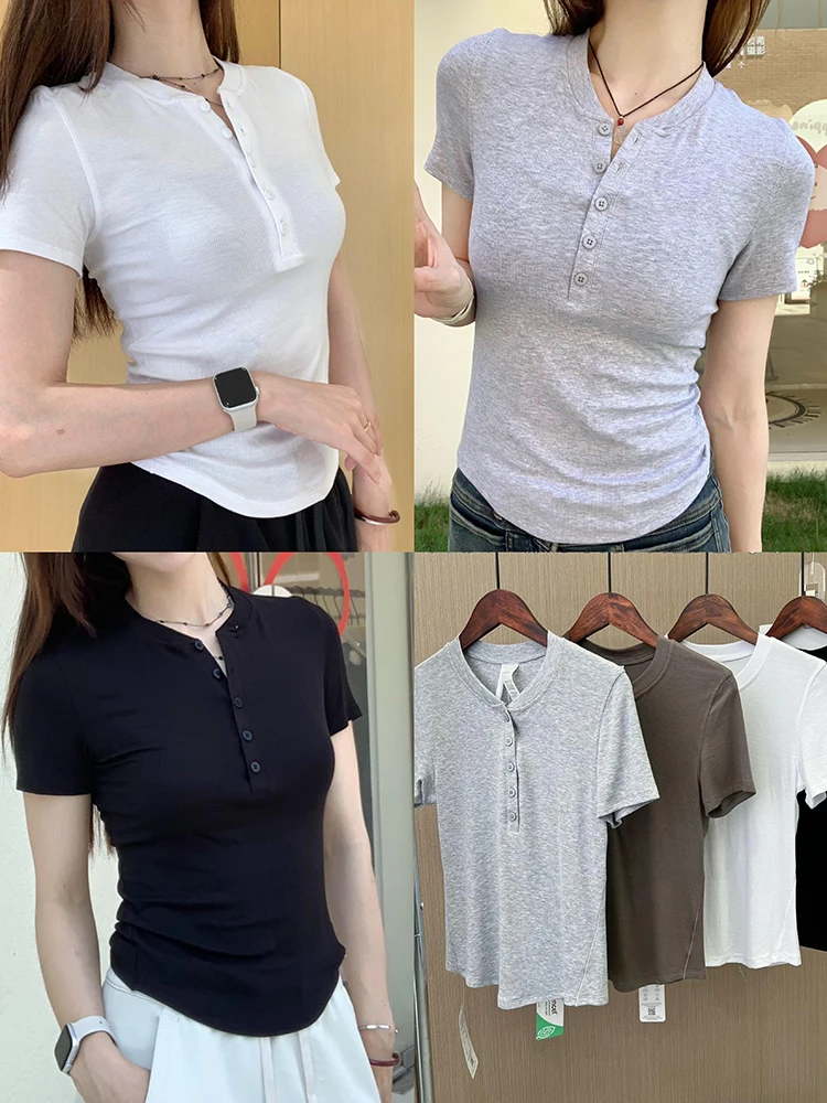 

Футболка Lan Jeong Modal с коротким рукавом, воротником Хенли, высокой эластичностью, облегающая, в американском стиле, для модных девушек, с открытым воротником