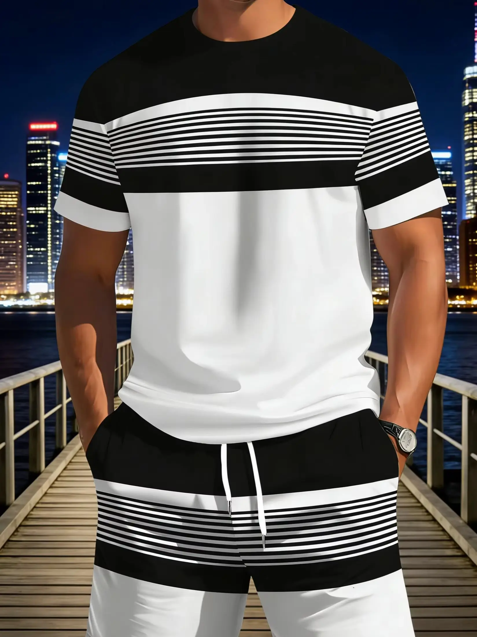 New Summer Men's Sportswear Striped Short-Sleeve T-Shirt Set Two-Piece Outdoor Travel Apparel Relaxed-Fit Shorts Training Wear