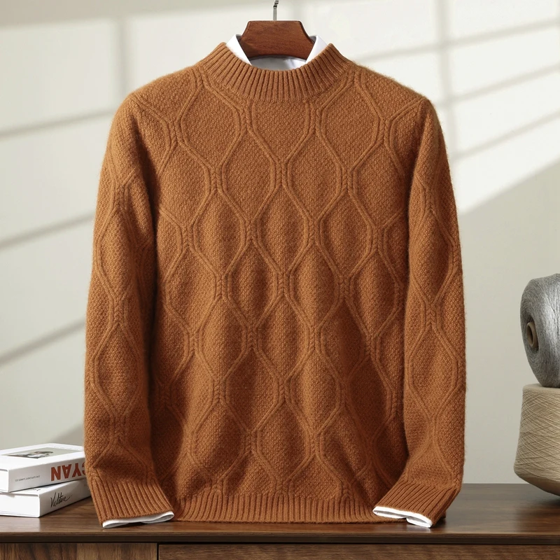 

Half-High Collar Argyle Pattern Pullover Men's 100% Cashmere Business Casual Sweater Autumn Winter Classic Versatile Knitwear
