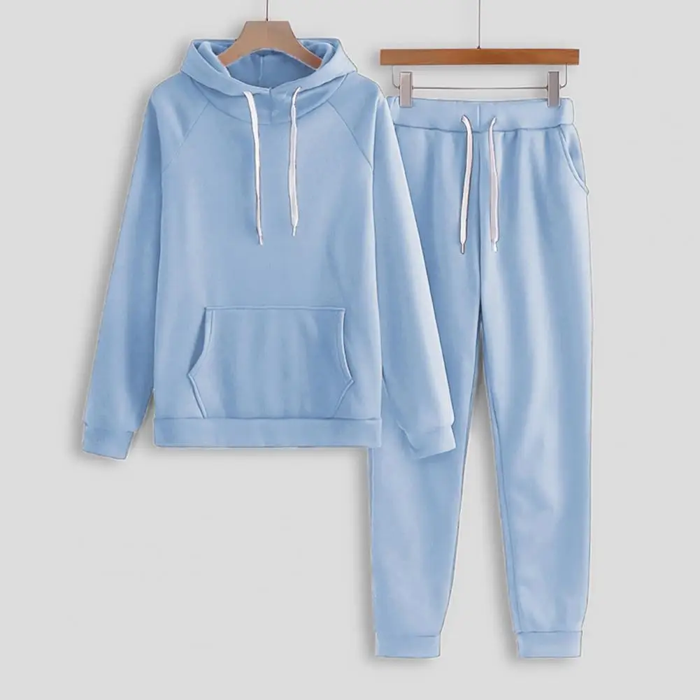 

2 Pcs/Set Women Hoodie Pants Suit Solid Color Plush Long Sleeves Thick Top Elastic Waist Ankle-banded Trousers Sport Fitness Out