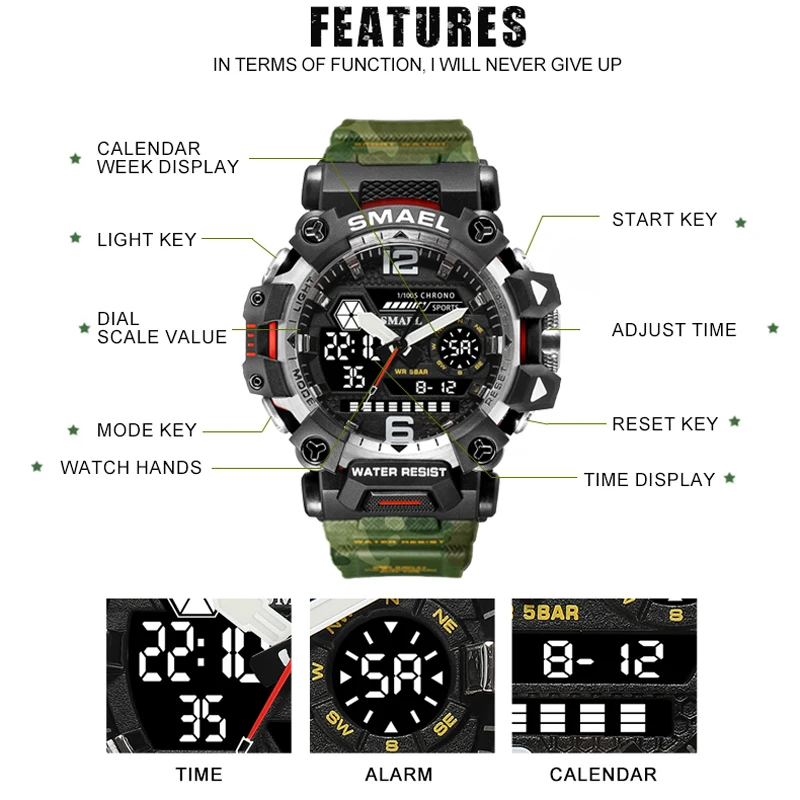 SMAEL Fashion Military Watches for Men Luxury Original Sports Chronograph Watch ​Waterproof Quartz Clock Digital WristWatch