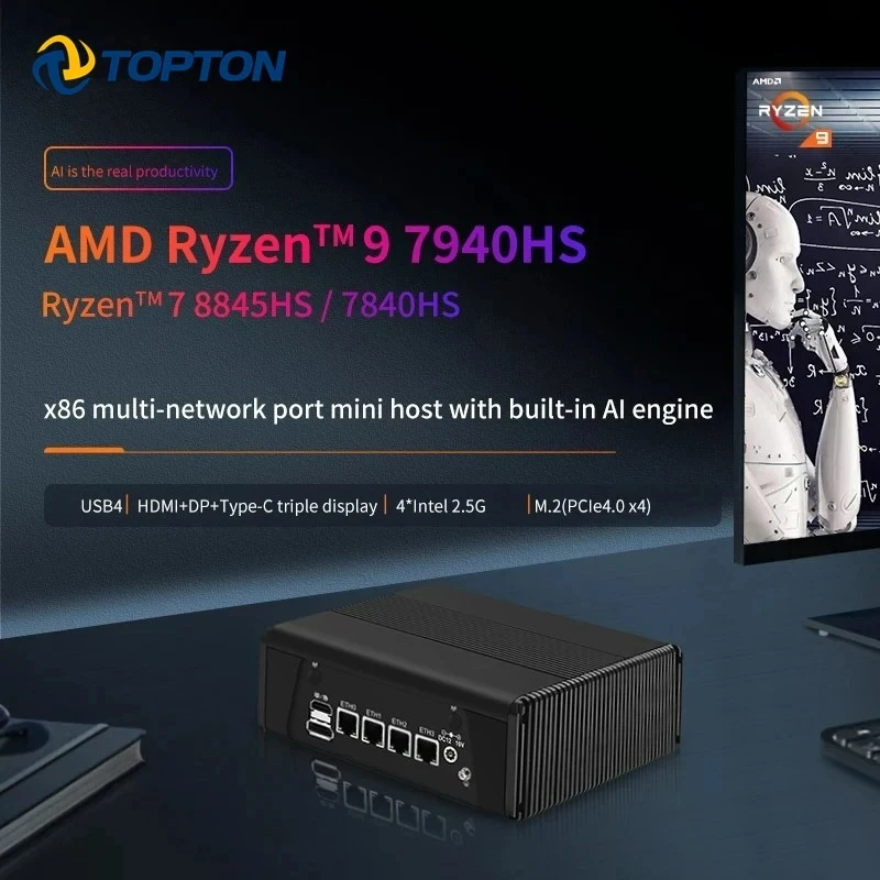 방화벽 미니 PC AI 엔진 PVE ESXi 호스트 라우터, X4F AMD Ryzen 9 7940HS R7 7840HS, 4x i226-V 2.5G LAN, USB4 2x M.2 NVMe 2x DDR5