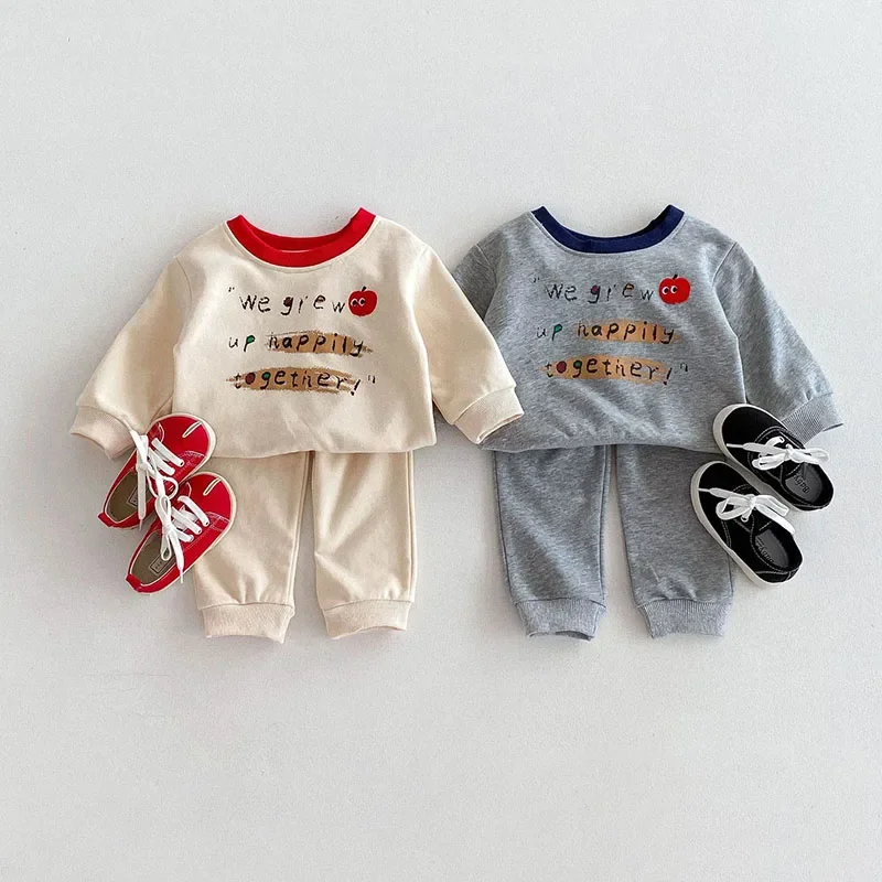 1-4T Baby Clothing Sets 2024 Autumn New Cotton Infant Boys\' Letter Apple Printed Sportswear Girls\' Fashion Top and Pants 2Pcs