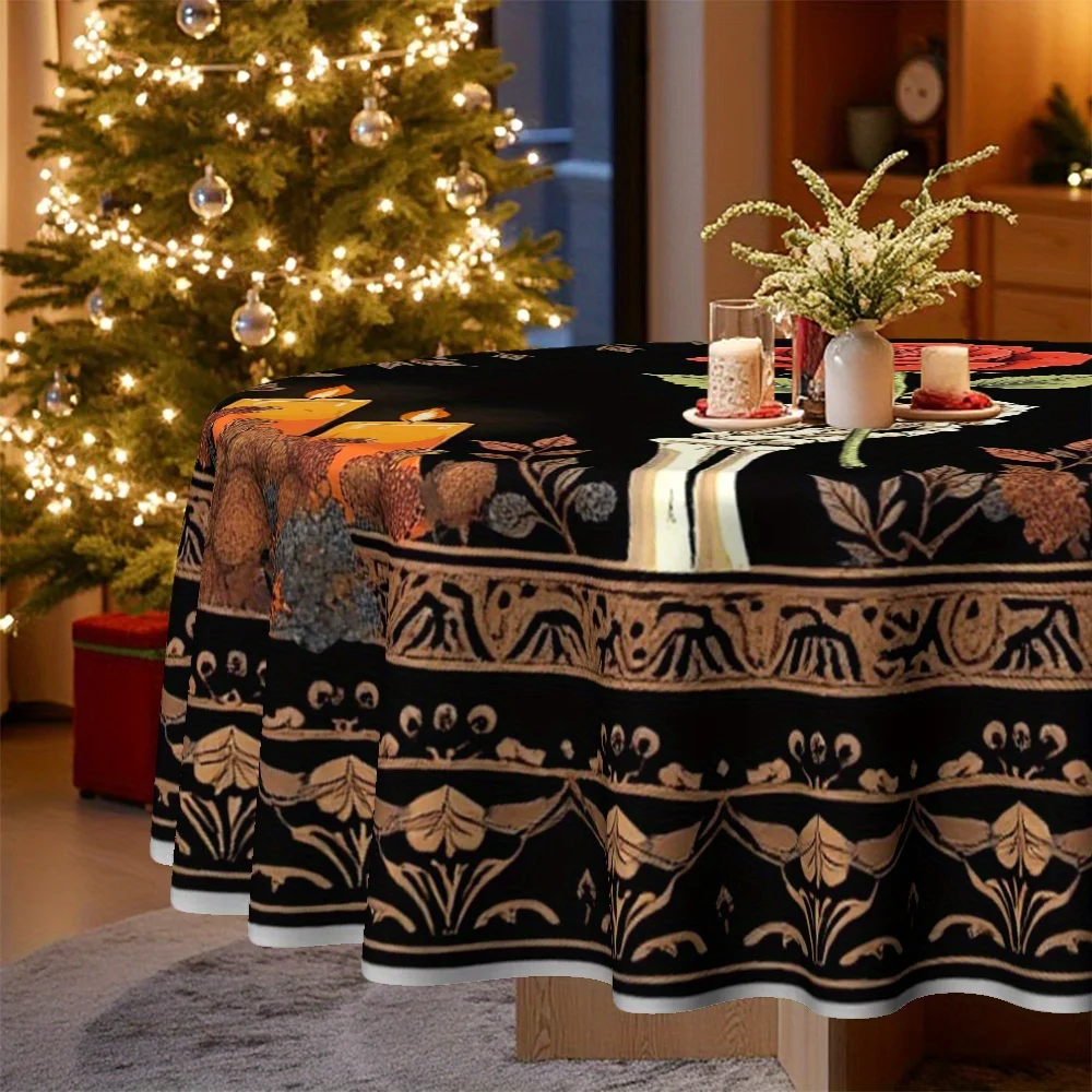 A circular tablecloth for Christmas with a gothic theme, depicting a skeleton holding a red rose.