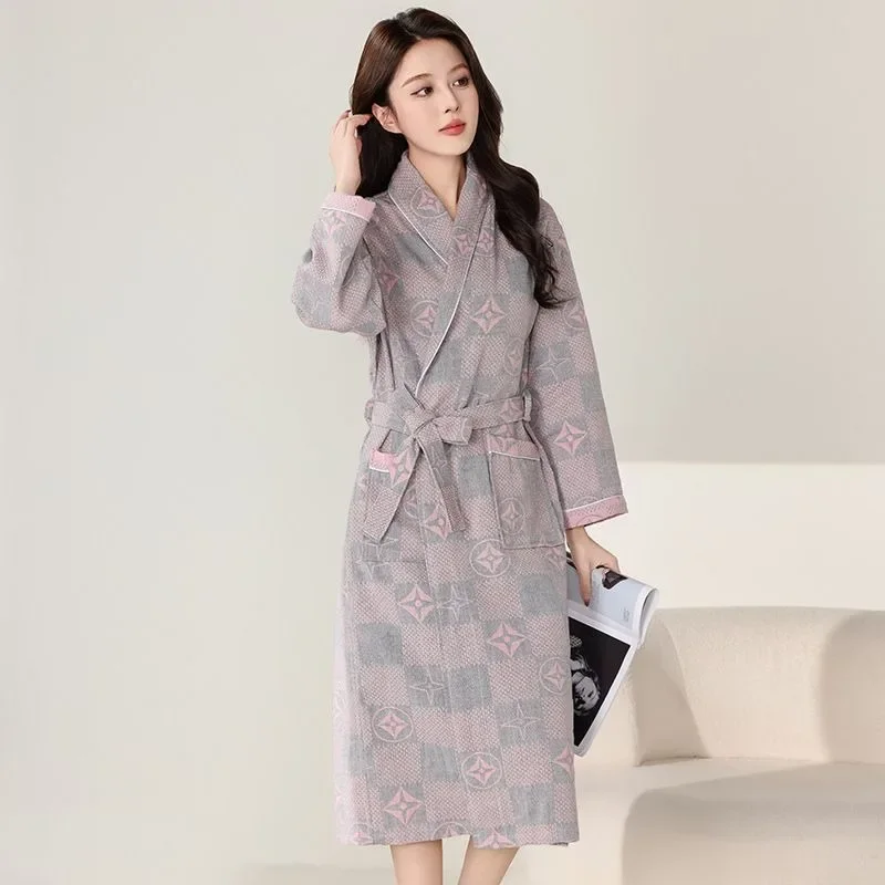 New Style Night Gown Ms.Pajamas Frivolous Absorb Water Chinese Style Comfort Ventilate Double Gauze Bathrobe Spring and Summer