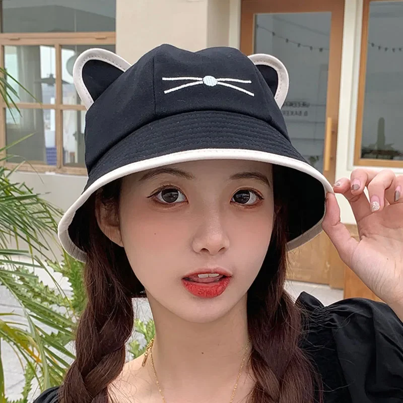 

Cartoon Cat Ears Women's Fisherman Hat Spring and Summer Cute Beach Travel Sun Hat Wide Brim Cotton Panama Hat