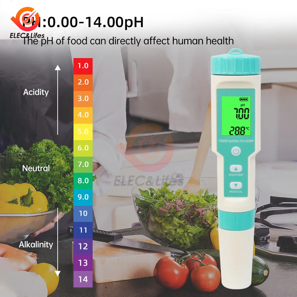 7 in 1 Water Quality Tester Digital TDS/PH/EC/SALT/S.G/ORP/TEMP Meter for Pools Aquariums Water LCD Backlight Quality Detector