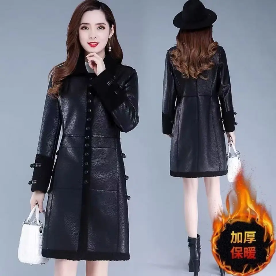 6XL Winter Faux Leather Coat For Women Thicken Warm Lambwool Velvet PU Leather Jacket Female Long Plush Windbreaker Outwear