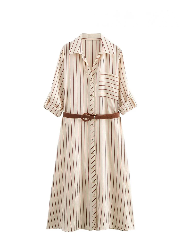 

HH Women Fashion With Belt Stripe Printed Dress Women 2025 Lapel Single-breasted Short Sleeves Pockets Commuting Midi Dress