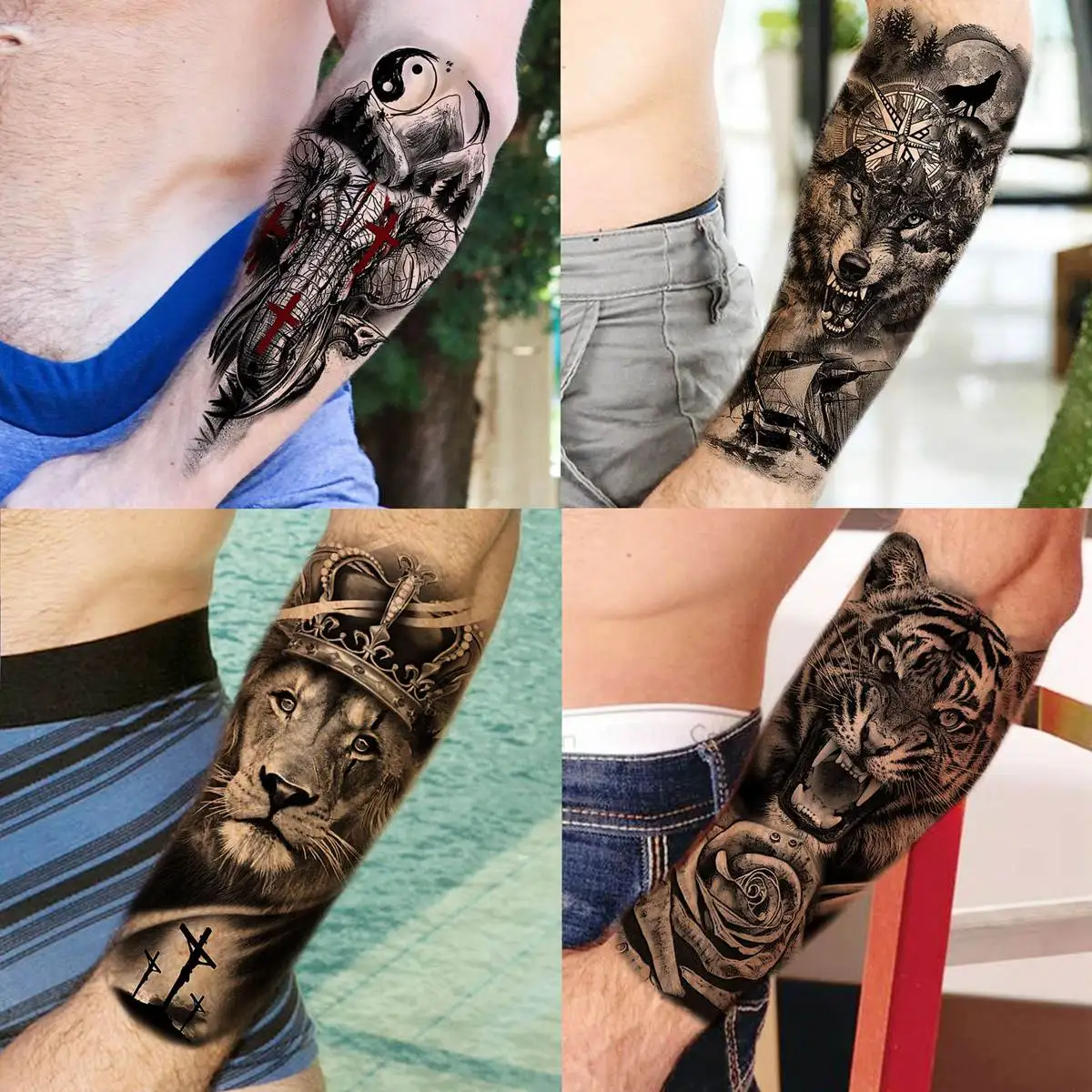 Tatuajes temporales de lobo Tribal, León y tigre para hombres y mujeres, tatuaje falso de brazo y muslo, 3D pegatina, tatuajes de gángster de