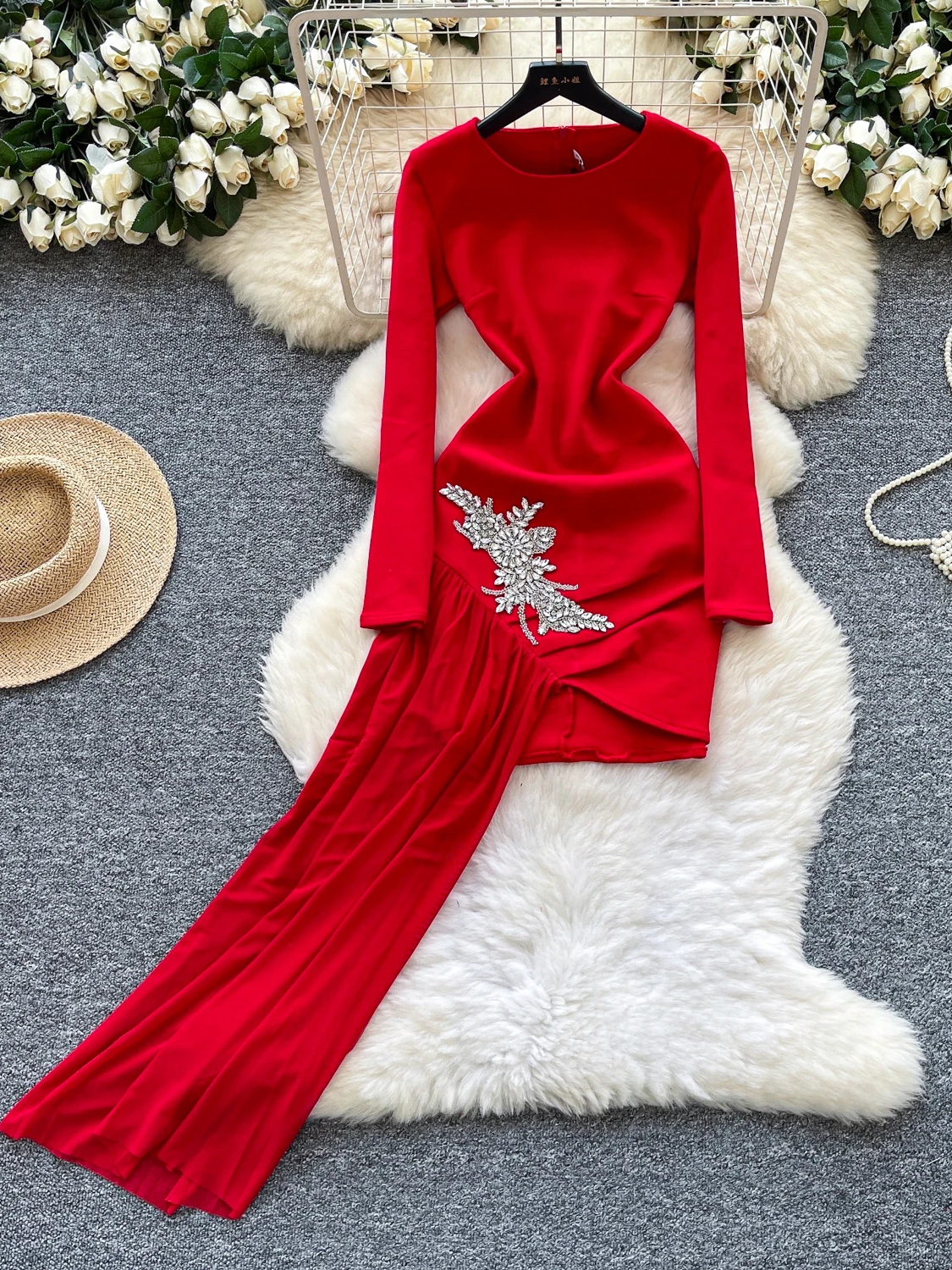 Ele Draped Diamond Embellied Slimming A-Line Dr Women's Luxury Sle High Waist Polyester Fiber Long Sve round Ne