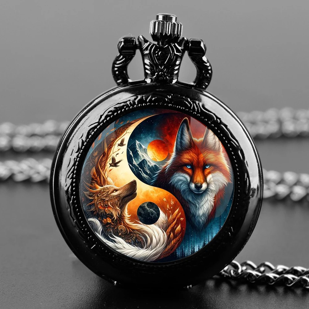 Black Quartz Pocket Watch Retro Animal Yin and Yang Dragon Wolf Design Pocket Watch Pendant Necklace for Men Womens Kids Gift
