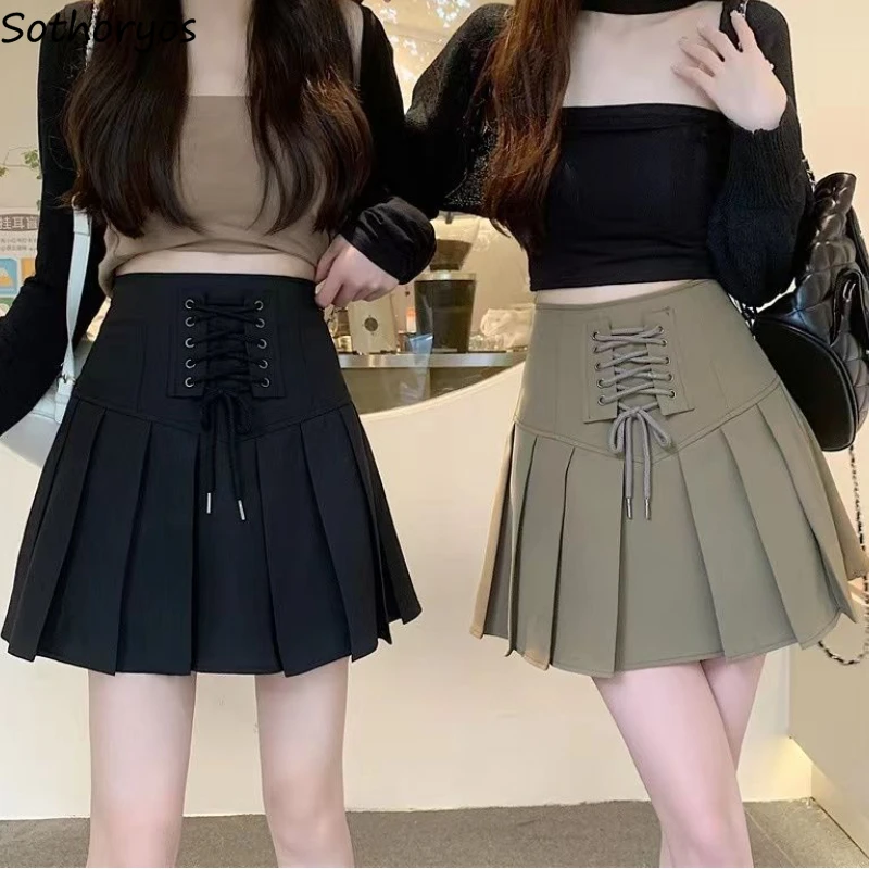 

Pleated Skirts Women Empire Design Bandage Preppy Style Hotsweet Mini Graceful Ulzzang Female All-match Summer Fashion Campus