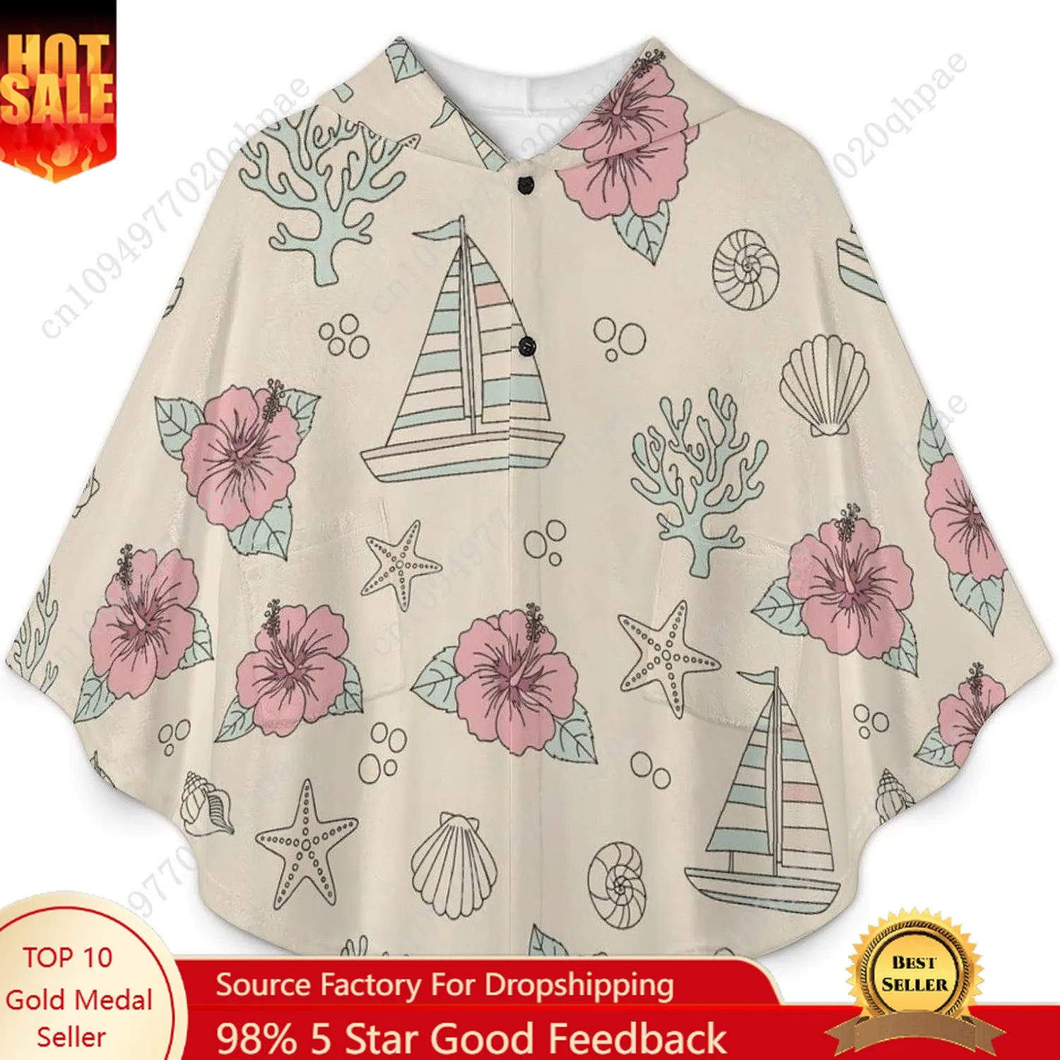 سترة بطانية مريحة من الفلانيل، سترة بقلنسوة كبيرة الحجم للحياة البحرية مع جيوب للأطفال والمراهقين