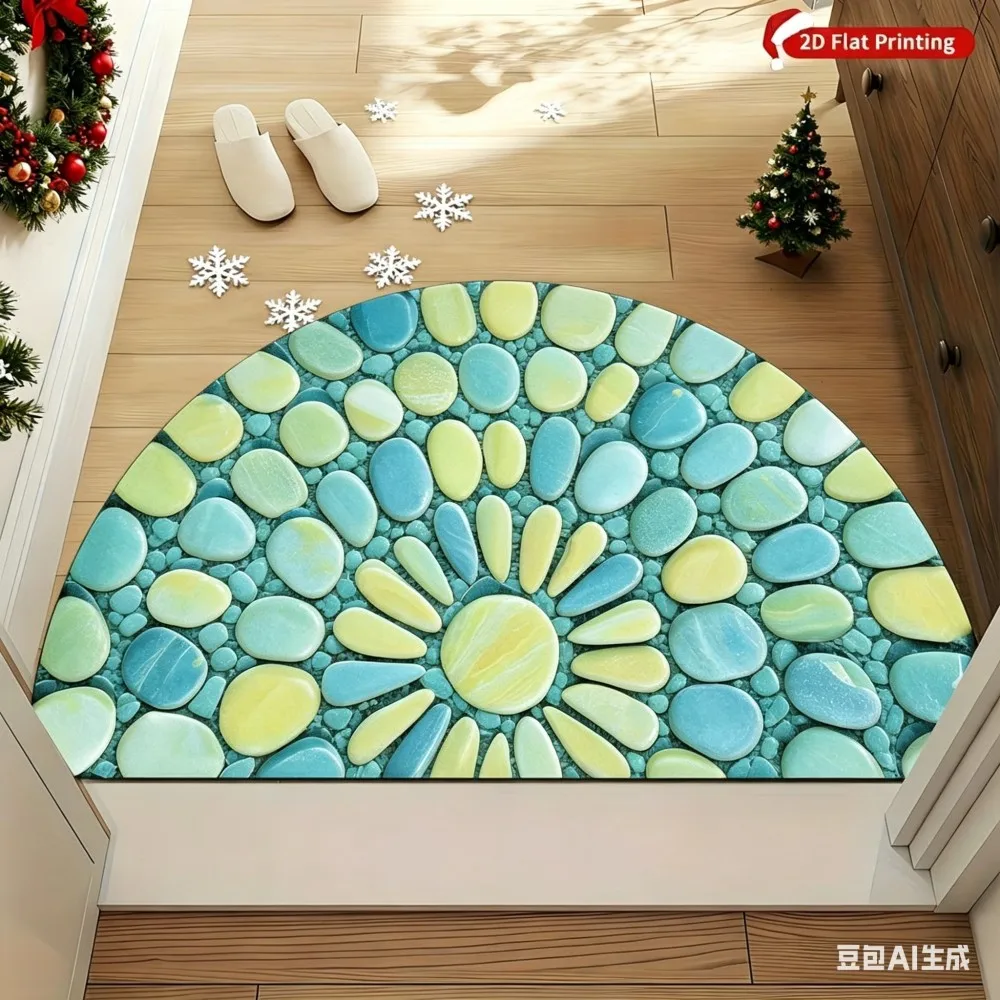 Half Moon Entrance Mat Non-Slip Colorful Stone Welcome Doormat Washable Front Door Rug Creative Semi-Circle Indoor Floor Rug