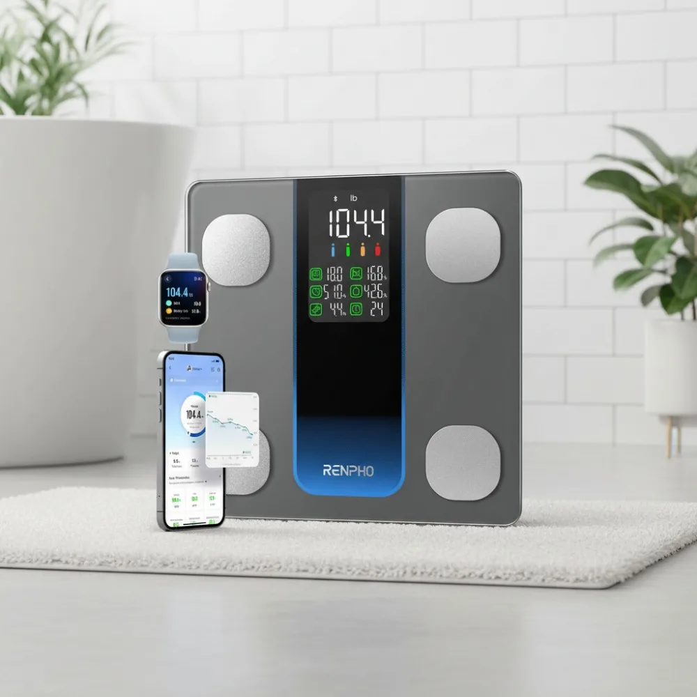 ميزان ذكي للجسم مع شاشة 7 في 1، ومراقبة BMI ودهون الجسم، واتصال بلوتوث، وسعة 500 رطل